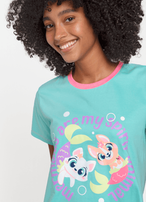 Camisola Manga Curta Algodão Feminina Pet Sereia