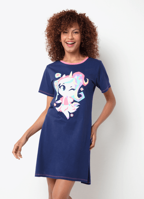 Camisola Manga Curta Algodão Feminino Unicórnio Kawaii