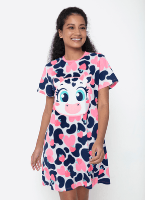 Camisola Manga Curta Algodão Feminino Vaca Romântica