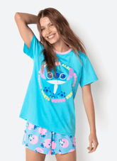 Pijama Manga Curta Algodão Feminino Stitch