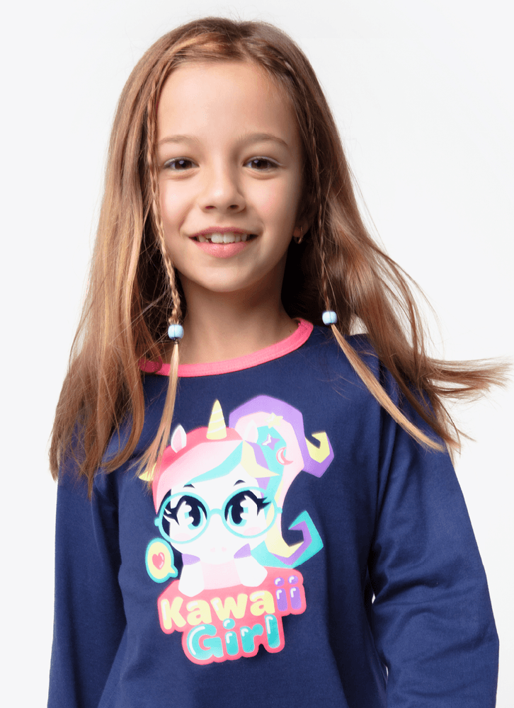 Pijama Manga Longa Algodão Menina Unicórnio Kawaii