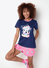 Pijama Manga Curta Algodão Feminino Unicórnio Kawaii