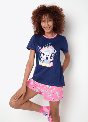 Pijama Manga Curta Algodão Feminino Unicórnio Kawaii