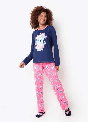 Pijama Manga Longa Algodão Feminino Unicórnio Kawaii