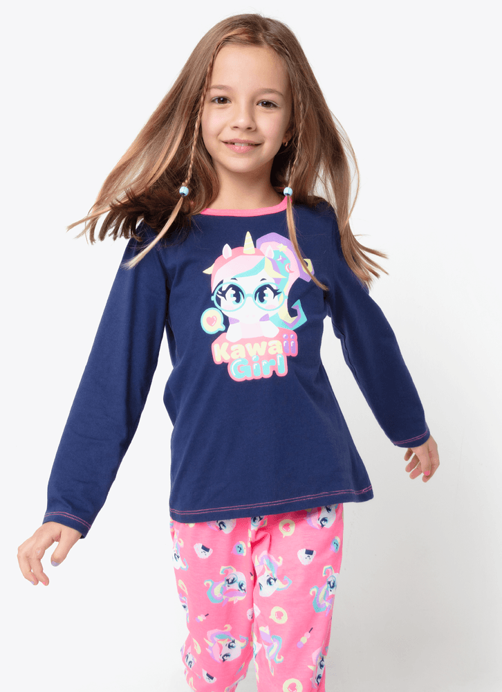 Pijama Manga Longa Algodão Menina Unicórnio Kawaii